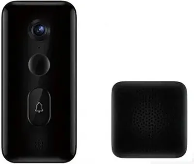 A black smart doorbell and a black chime are shown against a white background.