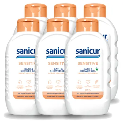 Imagen del producto de 6 unidades de gel limpiador y ducha Sanicur Sensitive, envase de 300 ml cada uno. Paquete económico