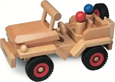 Produktbild von Fagus Holz-Jeep 28 cm mit Lenkrad, 2 Fahrern, abnehmbarem Reservekanister