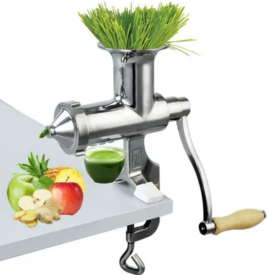 A manual juicer is shown on a white surface, with various fruits and wheatgrass around it.