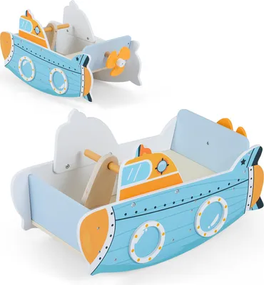 Produktbild von COSTWAY Schaukelspielzeug, Schaukelboot aus Holz mit gepolstertem Sitz&drehbarem Propeller, Montessori Kinderschaukel, Baby Schaukeltier für Kinder 1+