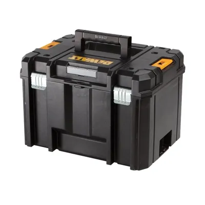 A black Dewalt Tstak Vi Deep Toolbox is shown against a white background.