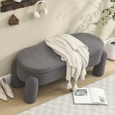Obrázok produktu pre Lavička AIORBER s úložným priestorom 112 cm, čalúnená lavica z manšestru s rámom z masívneho dreva, lavica s úložným priestorom do spálne, predsiene, obývačky alebo šatne, sivá