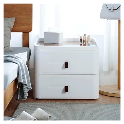 Produktbild von Nachttisch mit 2 Schubladen, Nachtkommode für Schlafzimmer, Wohnzimmer und Flur, moderne Ausführung aus Kunststoff, 54x41x47,5 cm, Weiß