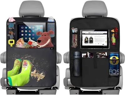 Produktbild von Unyqoos® Autositzschoner 2er-Set, wasserfest mit Tabletfach und Mehrfach-Taschen – universeller Kindersitzschutz für Rückbank