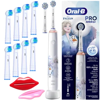 Produktbild von Elektrische Kinderzahnbürste Oral-B Junior Frozen – 2 Modi – Sanft & Sicher – Akku – 8 Ersatzbürsten + Zahnpastendrücker