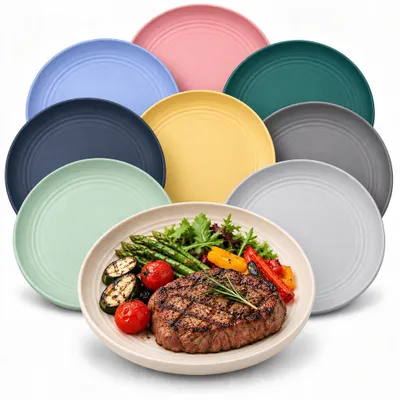 Imagen del producto de Platos de plástico, 22,5 cm de diámetro, juego de 9 unidades, aptos para microondas y lavavajillas, ideales para el uso diario
