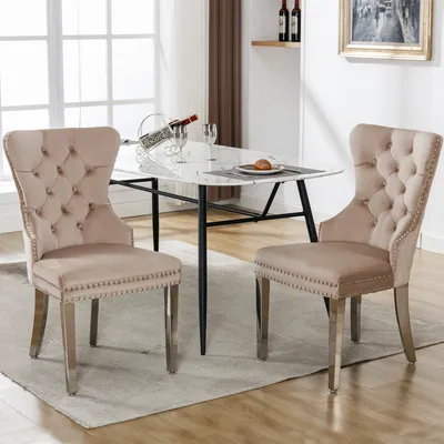 Immagine prodotto di okwish, 2 sedie da pranzo, sedie per la cucina, sedie per l'ufficio, poltrone, sedie imbottite, gambe in metallo, rivestimento in velluto (beige con decorazioni a forma di chiodi)