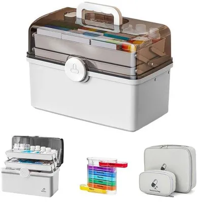 Produktbild von Unyqoos® faltbare Medikamenten-Organizer – geräumige 3‑lagige Aufbewahrungsbox (34 x 21,5 x 19 cm) mit 7‑Tage-Tablettenbox, Tragegriff & sicherem Verschluss