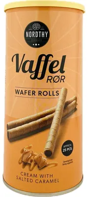 Produktbild von Waffelröllchen mit gesalzenen Karamell Nordthy Denmark 250g