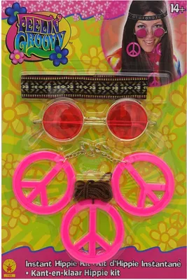 Produktbild von Damen Hippie-Set (Stirnband, Brille, Peace-Umhänger und Peace-Ohrclipsen)