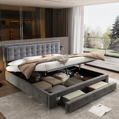 A modern bedroom with a storage bed.