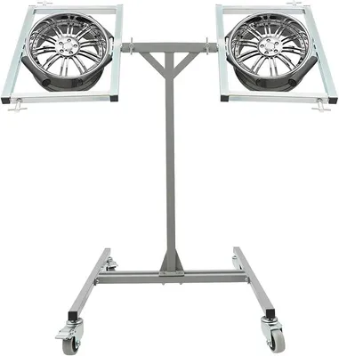 Produktbild von Felgenlackierständer mit 360° drehbaren Halterungen, Felgenlackierbock für 2 Felgen, Lackierständer mit Feststellbremsen Rollen, Stahl Lackierbock