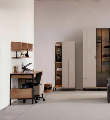 Image de Ensemble bureau moderne en bois avec armoire murale et bibliothèque