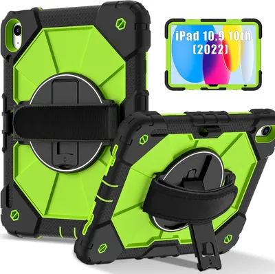 Produktbild von Hülle für iPad 10th Gen 2022 10,9 Zoll Tablette Schutzhülle Stoßfeste mit 360 Drehbarer Handschlaufe/Ständer Schwarz Grün