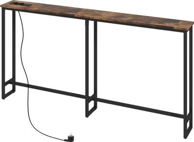 Produktbild von Industriestil Konsoletisch mit Ladestation, Schlankes Design, Stahlrahmen, Braun, Wohnzimmer Beistelltisch