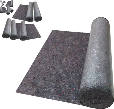 A roll of grey protective fleece material is shown, with smaller rolls and flat pieces of the same material arranged in the background.