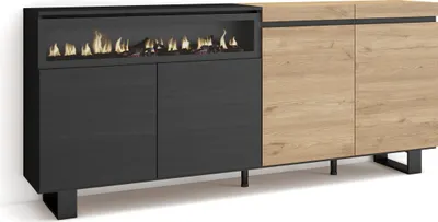Image de COZY Buffet salon et cuisine, 200x35x87cm, 4 Portes, Cheminée électrique, Chêne et noir