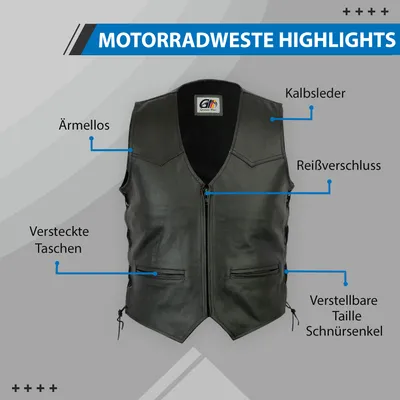 Produktbild von Motorradweste Kutte Lederweste mit Reißverschluss Bikerweste geschnürt, Größe:52/L