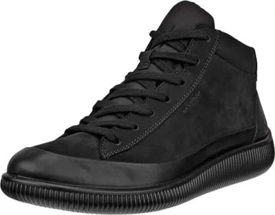 A black high-top sneaker is shown against a white background.