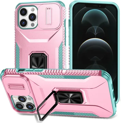 Produktbild von Handyhülle für iPhone 12 Pro Max Dual Layer Hülle mit Schiebe Kamera Schutz und Ringhalter Ständer Pink