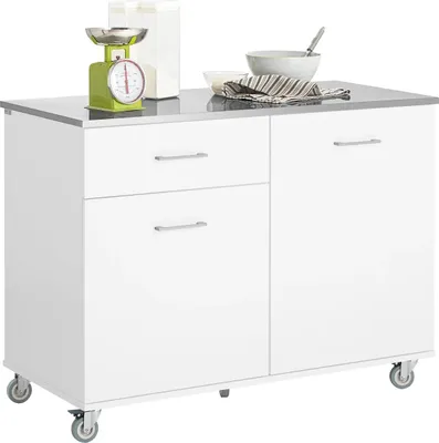 Obrázek produktu pro Kuchyňský ostrůvek - FKW117-W Servírovací/barový vozík - Pracovní deska z nerezové oceli - 1 zásuvka - 120x90x56 cm - S kolečky - Bílý