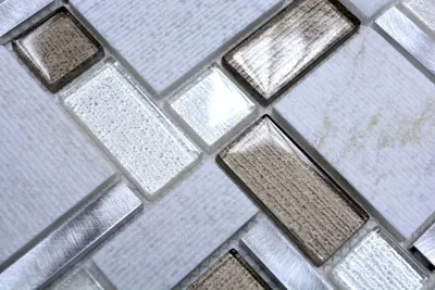 Produktbild von Handmuster Mosaikfliese Transluzent Aluminium wie hellbeige Kombination Glasmosaik Crystal Stein Alu weiß und beige MOS49-FK01_m