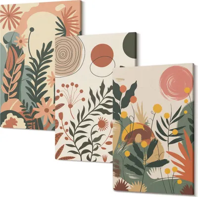 Produktbild von Leinwandbild – Wandbild – Leinwandbilder – Kunstdruck – Polycanvas – Modern – Mehrteilig – 3-Teilig Set – Hochwertig – Geruchslos – Lichtecht – Fertig Aufgespannt – 40x60 Cm Je Teil - Vintage-Pflanzenmuster in Pastelltönen
