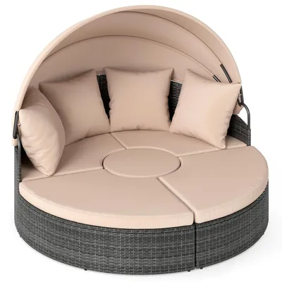 Produktbild von COSTWAY Sonneninsel Gartenliege Polyrattan mit Dach, Tisch, Sitz- & Rückenkissen, Sonnenliege für 2 Personen, Lounge Möbel, runde Liegeinsel Khaki