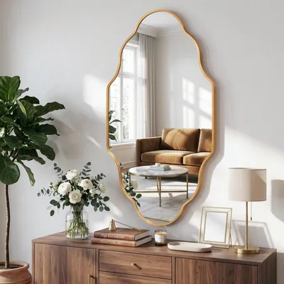 Immagine prodotto di Specchio da parete a forma di onda, alluminio dorato, 115 x 65 cm, vetro di sicurezza