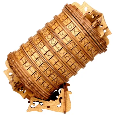 A wooden cryptex puzzle box is displayed on a stand against a white background.