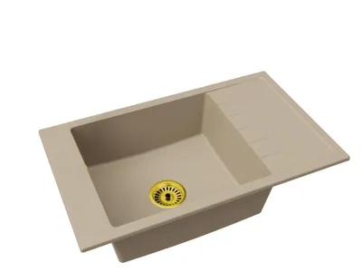 Produktbild von Granitspüle Einbecken mit Abtropffläche Luis – Beige – Goldener Siphon
