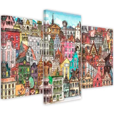 Produktbild von Triptychon auf leinwand fröhliche stadt 150x100 cm Feeby farbe wandbild bereit zum aufhängen