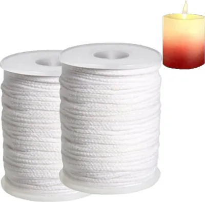 Image de Mèche en coton, sans fumée, mèche ronde tressée, mèche plate pour la fabrication de bougies, bougies DIY, lampes à huile, fil tressé en coton, blanc, 61 m, 2 pièces