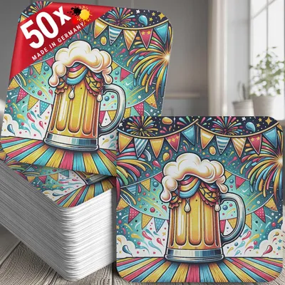 Produktbild von 50 Bierdeckel Bierkrug-Motiv bunt, Party Geburtstag Grillen, Feierlaune Blau-Gelb