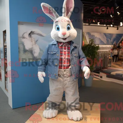 Obrázek produktu pro Postava REDBROKOLY maskota stříbrného králíka oblečená v košili a sponkách na boty Chambray
