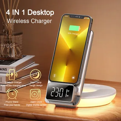 Produktbild von ANTCOOL 4-in-1 Wireless Charging Pad LED Licht Nachttischlampe Wecker Schreibtischlampe 15W Schnellladung für iPhone 14 HUAWEI XIAOMI