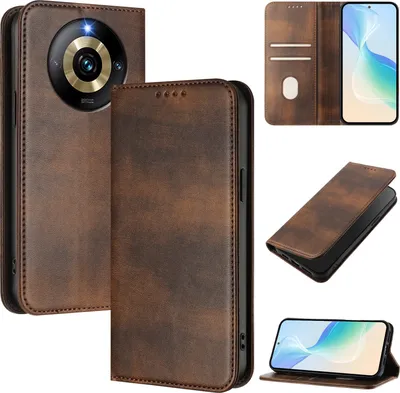 Image de Etui pour Realme Narzo 60 Pro/Realme 11 Pro/Realme 11 Pro+, étui en cuir vintage avec protection RFID, fentes pour cartes, support Marron