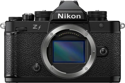 A front view of a black Nikon Zf mirrorless camera.