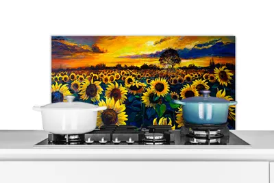 Obrázok produktu pre MuchoWow® Splashback Kuchyňa - Kuchynský backsplash - Ochrana steny pre sporák a drez Maľba - Olejomaľba - Kvety - Slnečnica 90x45cm Alu-Dibond