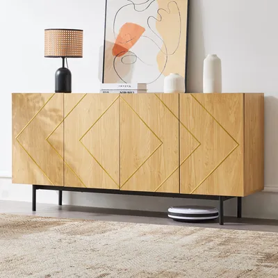 Image de OKWISH Buffet 4 Portes - Rangement Optimisé pour Salon ou Salle à Manger avec Étagères Réglables - Bois Naturel 160x40x78 cm