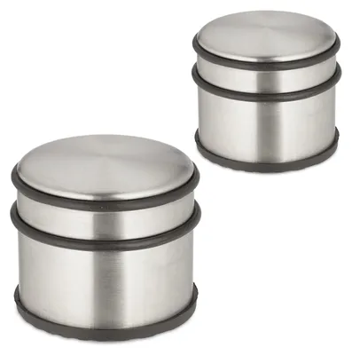 Produktbild von Relaxdays Türstopper Edelstahl, 2er Set, HxD: 7,5 x 9 cm, hoch & schwer, rutschfest, Türzuschlagbremse, silber/schwarz