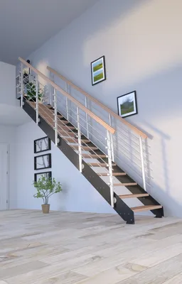 Produktbild von Stahltreppe KOS in schwarz (Buche geölt) mit Designgeländer und 14 Stufen