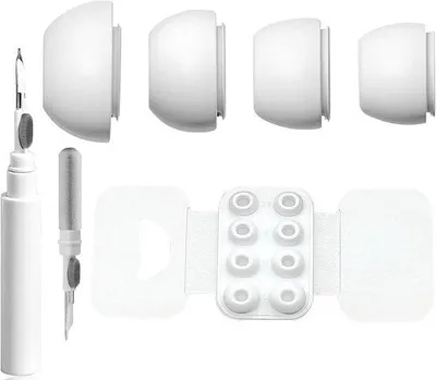 Productafbeelding van 4 paar witte siliconen oordopjes voor Airpods Pro en Pro 2 - maten XS S M L + 3-in-1 reinigingspen