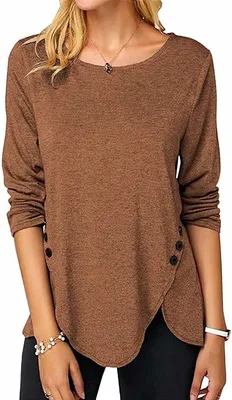 Produktbild von ASKSA Damen Langarm T-Shirt Rundhals Einfarbig Langarmshirt Lose Tunika Bluse Oberteile, Khaki, XL