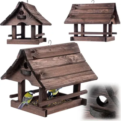 Produktbild von KADAX Vogelhaus zum Aufhängen, Vogelfutterhaus aus Holz, wetterfest Futterhaus für Vögel im Garten & Balkon, Vogelhäuschen, Vogelfutterstation Dunkelbraun