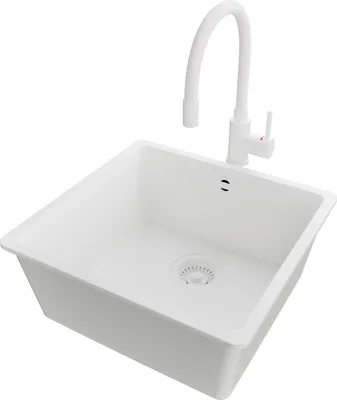 Produktbild von PRIMAGRAN Granitspüle Alles Weiß 46x44cm, Spülbecken 1 Becken + Küchenarmatur 38x14cm + Ablauf-Set, Küchenspüle ab 50er Unterschrank - Venedig Slim Easy