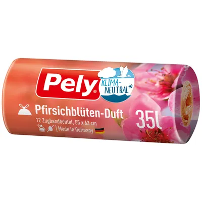 A roll of trash bags with a floral pattern and branding.