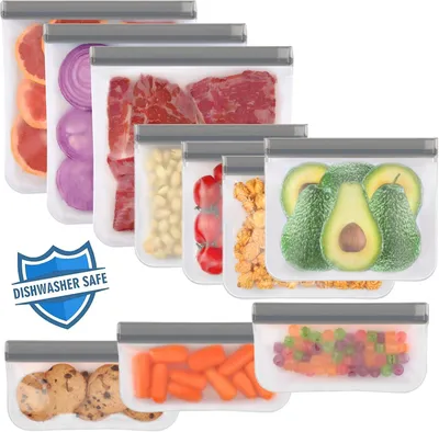 Produktbild von 10 Gefrierbeutel Wiederverwendbar, Wiederverschließbare Beutel für Lebensmittelbeutel, BPA Freie für Gemüse, Snacks, Fleisch Grau(3 Gallongröße 4 Sandwichbeutel 3 Snackbeutel)