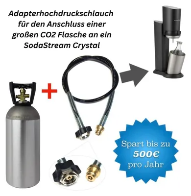 Produktbild von CO2 Hochdruckschlauch 1,5 m für SodaStream Crystal inkl. 2 kg CO2-Flasche – Mehrwegflasche Adapter